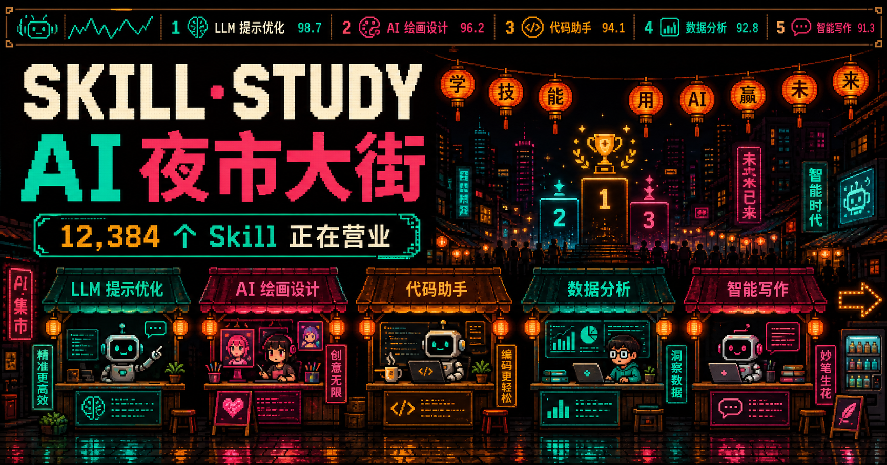 SKILL·STUDY AI 夜市大街与排行榜领奖台